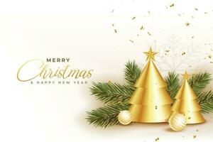 mooi hoor Kerstmis wensen kaart met gouden Kerstmis boom en decoratie vector