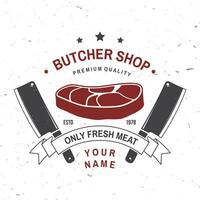 slager vlees winkel insigne of etiket met steak en keuken mes. vector wijnoogst typografie logo ontwerp met steak, keuken mes silhouet. elementen Aan de thema van de vlees winkel, markt, restaurant