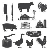 boerderij dieren, slager winkel, boerderij, steak, keuken mes silhouetten geïsoleerd Aan wit. vector. landelijk landschap met bomen, boerderij, slagerij winkel vector