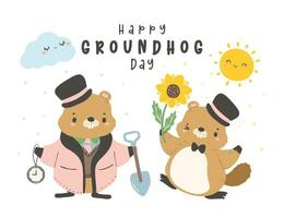 gelukkig groundhog dag met groep van vrolijk tekenfilm groundhogs vieren vroeg voorjaar spandoek. vector