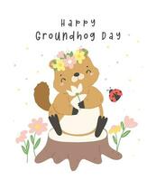 gelukkig groundhog dag met vrolijk tekenfilm groundhog Holding voorjaar bloemen. vector