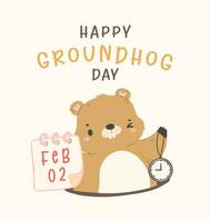 gelukkig groundhog dag met vrolijk tekenfilm groundhog Holding kalender feb 2 en klok vector