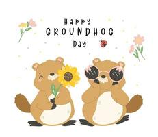 gelukkig groundhog dag met vrolijk tekenfilm groundhogs vieren vroeg voorjaar vector