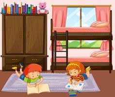 Jongen en meisjeslezingsboek in slaapkamer vector