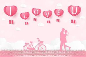 liefde en valentijnsdag, geliefden staan in de weilanden en een papieren kunsthartvormige ballon zweeft in de lucht. ambachtelijke stijl. vector