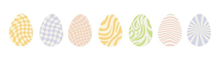 reeks van versierd Pasen eieren met retro groovy trippy patronen in Jaren 60 jaren 70 stijl. groovy hippie gelukkig Pasen met vervormd psychedelisch ontwerp. vector illustratie geïsoleerd Aan wit achtergrond.
