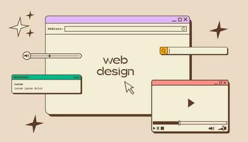 web ui ux ontwerp. web ontwerp concept banier in retro stijl. studio prototyping of codering web bladzijde of mobiel app. online toepassing ontwerp, codering, programmering en web gebouw. vector illustratie.