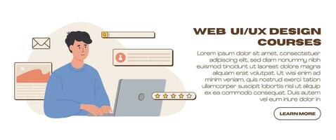 jong gelukkig web ui ux ontwerper werken Aan laptop. freelancer Bij werk creëren inhoud. website ontwikkeling. online bedrijf, internet marketing, communicatie. inhoud manager. vector illustratie.