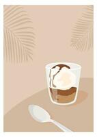 affogato koffie in transparant glas kop muur kunst. Italiaans toetje met lepel van ijs of ijs room bekroond met een schot van heet espresso. minimalistische modieus verticaal poster. vlak vector illustratie.