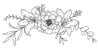 pioen lijn tekening. zwart en wit bloemen boeketten. bloem kleur bladzijde. bloemen lijn kunst. prima lijn pioen illustratie. hand- getrokken bloemen. botanisch kleuren. bruiloft uitnodiging bloemen vector