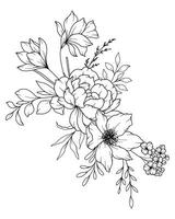 voorjaar bloemen lijn tekening. zwart en wit bloemen boeketten. bloem kleur bladzijde. bloemen lijn kunst. prima lijn bloemen illustratie. hand- getrokken bloemen. botanisch kleuren. bruiloft uitnodiging bloemen vector