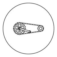 keten fiets koppeling fiets motorfiets twee element crankstel tandrad tandwiel zwengel lengte met uitrusting voor fiets cassette systeem fiets icoon in cirkel ronde zwart kleur vector illustratie beeld schets