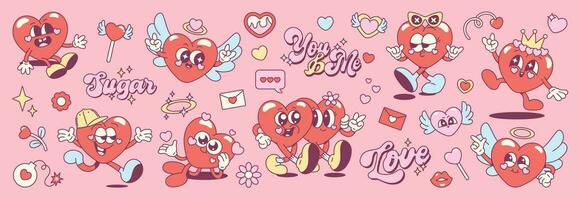 groovy Valentijn karakter vector set. schattig grappig hippie verzameling van hart vormig tekenfilm met verschillend poseert, liefde brief, bloemen, lippen. ontwerp voor Valentijn kaart, decoratief, sticker, afdrukken.