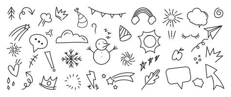 reeks van schattig pen lijn tekening element vector. hand- getrokken tekening stijl verzameling van sneeuwman, regenboog, pijlen, sterren, zon, donder, toespraak bubbel. ontwerp voor afdrukken, tekenfilm, kaart, decoratie, sticker. vector