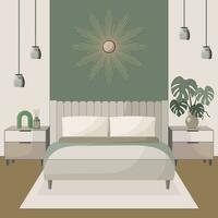 knus slaapkamer in beige en groen tonen met modern decor. vector illustratie