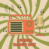 vector illustratie voor wereld radio dag. retro radio. illustratie voor affiches, affiches, websites, sociaal netwerken, in een populair wijnoogst stijl. achtergrond met rood stralen.