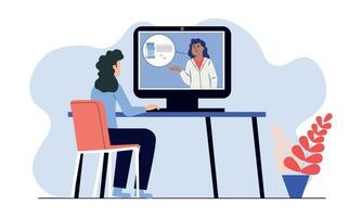 online afspraak met een dokter. online overleg met een dokter. vector illustratie van dokter en geduldig ontvangst. dokter en geduldig.