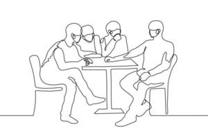 doorlopend lijn kunst silhouet van vier mannen Bij een klein tafel. drie mannen kijken Bij de vierde, wie is zittend dominant aan de overkant van hen. bedrijf van vrienden in een cafe, zakelijke bijeenkomsten, aan het wachten vector