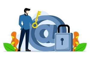 gegevens encryptie technologie concept, zakenman staand met sterk hangslot veiligheid Aan e-mail symbool. veiligheid systeem naar verdedigen tegen cyber aanvallen, spam of gegevens lekken, e-mail veiligheid bescherming. vector