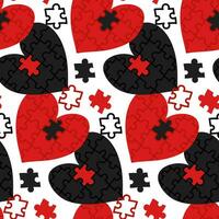 naadloos patroon met een hartvormig puzzel en gekleurde missend onderdelen. rood zwart wit kleuren. Valentijnsdag dag. verzamelen, zoeken, bouwen. bij elkaar passen puzzels. liefde, bouwen verhoudingen, plukken omhoog vector