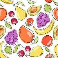 fruit lijn tekening stijl patroon. naadloos patroon met hand- getrokken fruit en vormen Aan wit achtergrond. aardbei, granaatappel, mango, Peer. vector