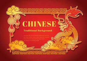Chinese traditioneel sjabloon met Chinese draak Aan rood achtergrond, divers oosters ornament kader patroon Aan rood achtergrond, retro kozijnen. vector