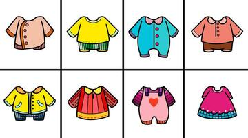 verzameling van kleurrijk kinderen kleding illustratie, vlak hand- tekening, schattig tekening stijl, vector illustratie.