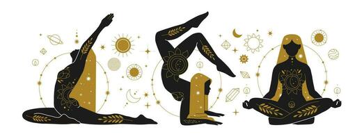 mystiek en esoterisch reeks met Dames silhouetten. magisch yoga Dames. hemel- vector illustratie