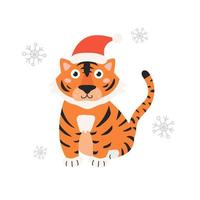 symbool van het jaar is tijger in kerstmuts op witte achtergrond met sneeuwvlokken. vectorillustratie in platte cartoonstijl vector