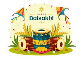 gelukkig baisakhi vector illustratie van vaisakhi Punjabi voorjaar oogst festival van Sikh viering met trommel en vlieger in vakantie tekenfilm achtergrond