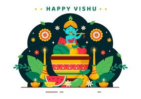 gelukkig vishu festival vector illustratie met Krishna, traditioneel kerala Kani, fruit en groenten in nationaal vakantie vlak tekenfilm achtergrond