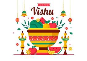 gelukkig vishu festival vector illustratie met Krishna, traditioneel kerala Kani, fruit en groenten in nationaal vakantie vlak tekenfilm achtergrond