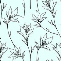 gemakkelijk teder hand getekend vector naadloos bloemen patroon. tekening bloemen lelies, sneeuwklokjes zwart schets Aan een licht blauw achtergrond. voor kleding stof ontwerp, behang, beddengoed, kleren.