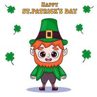 st. Patrick dag schattig elf van Ierse folklore karakter. tekenfilm stijl groet kaart, banier, sociaal media post sjabloon vector