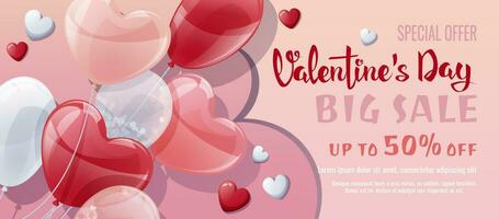 Valentijnsdag dag uitverkoop spandoek. achtergrond, poster, folder met een bundel van ballonnen met een hart. korting tegoedbon sjabloon voor liefde dag, bruiloft. vector