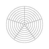 wiel van leven sjabloon. gemakkelijk coaching gereedschap icoon voor visualiseren allemaal gebieden van leven. polair rooster van 5 segmenten en 8 concentrisch cirkels. blanco polair diagram papier. cirkel diagram. leven stijl evenwicht. eps vector