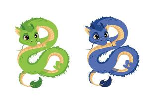 et van Chinese draken geïsoleerd Aan wit achtergrond. groen en blauw zijn een traditioneel Aziatisch mythologisch symbool. horoscoop teken. vector illustratie in tekenfilm stijl.