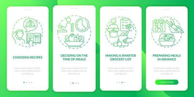 basisprincipes van maaltijdplanning groene gradiënt onboarding mobiele app paginascherm vector
