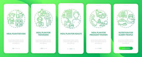 maaltijdplan voor verschillende leeftijden groene gradiënt onboarding mobiele app paginascherm vector