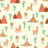 schattig patroon met lama's, cactussen, Alpen bergen, droom vanger, regenbogen en harten. kinderen s kamer ontwerp vector