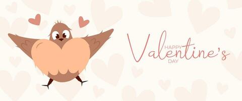 hand- trek banier met vliegend vogel en harten voor Valentijnsdag dag. gelukkig Valentijnsdag dag en knop lezen meer. perzik dons, rood, voorhoofd en roze kleuren.cartoon stijl. web vector illustratie