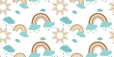 vector naadloos patroon voor kinderen met regenbogen, wolken, zon in boho stijl in pastel kleuren. geschikt voor omhulsel papier, textiel, behang, achtergronden.