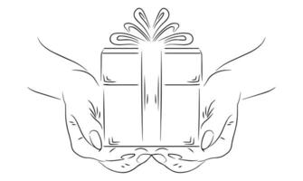 een hand- Holding giftbox lijn kunst silhouet illustratie vector