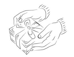 een hand- Holding giftbox lijn kunst silhouet illustratie vector