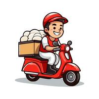 levering Mens rijden een rood scooter geïsoleerd Aan wit achtergrond. voedsel levering Mens. tekenfilm stijl. vector illustratie.
