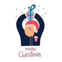 schattige kerstman houdt geschenkdoos en tekst vrolijk kerstfeest. vlakke afbeelding voor wenskaart, print en web. vector