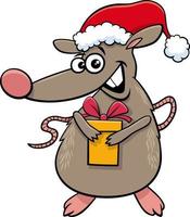 cartoon rat dierlijk karakter met cadeau op kersttijd vector