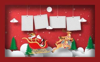 origami papier kunst van lege foto met de kerstman op een slee in frame, briefkaart banner achtergrond vector