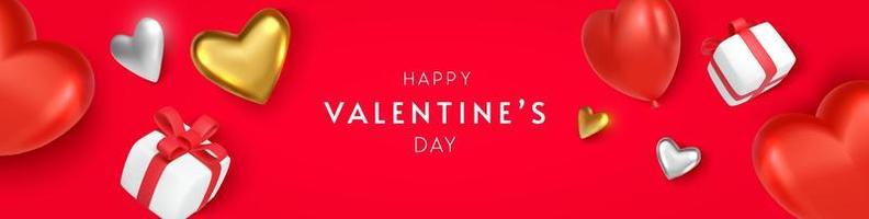 Valentijnsdag horizontale banner met metalen chromen hart op rode achtergrond vector
