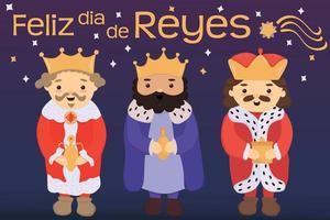 feliz dia de reyes - Spaanse vertaling - gelukkige koningendag. 3 schattige koningen met cadeaus vector